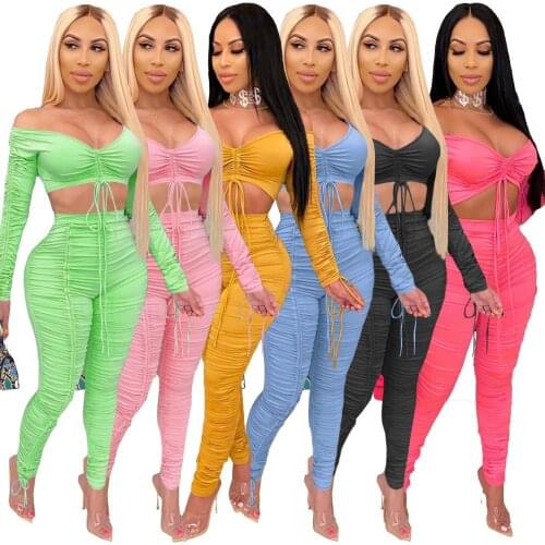 Echoine Autumn Women Solid Sexy Two Piece set Lady v-neck Lace-up Crop Tops High Waist Skinny Pleated Stacked Pants Clubwear Set