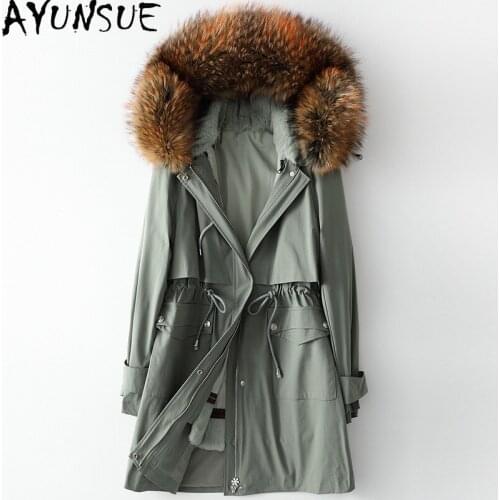 AYUNSUE Autumn Winter Woman Parkas Real Rabbit Fur Liner Warm Jacket Raccoon Fur Collar Parka Female Real Fur Coats and Jackets