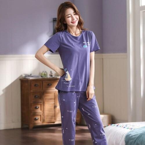 Summer Knitted Cotton Women Pajamas Set Short Tops+Long Pants Two Pieces Set Pyjamas Women Plus Size M-5XL Loose Pijama Mujer