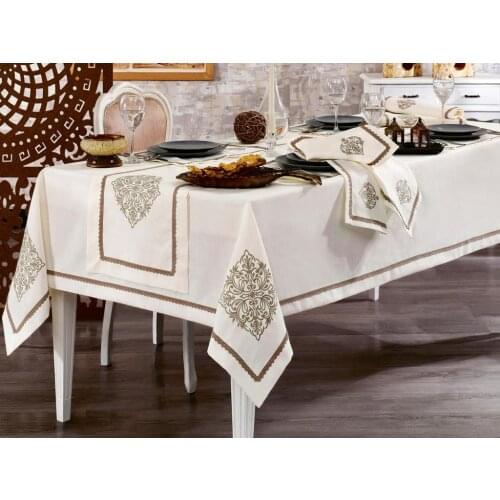 Adenya Embroidered Linen A. Serviced Table Cover Set 14 Piece Cappucino