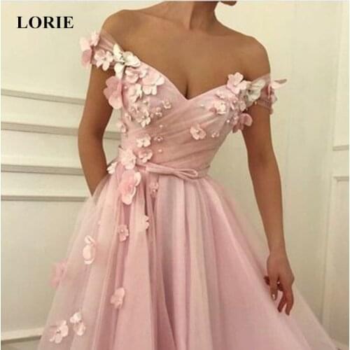 LORIE Pink Prom Dresses off the shoulder Flowers Appliques Soft Tulle A-line Formal Evening Party Gowns Plus Size Custom Made