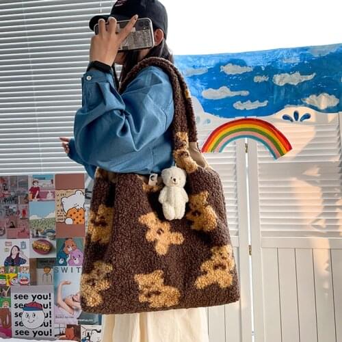 Fashion Cartoon Bear Plush Shoulder Tote Bags Toy Women Lamb Like Fabric Large Capacity Canvas Fluffy Bear Shopping School Bags