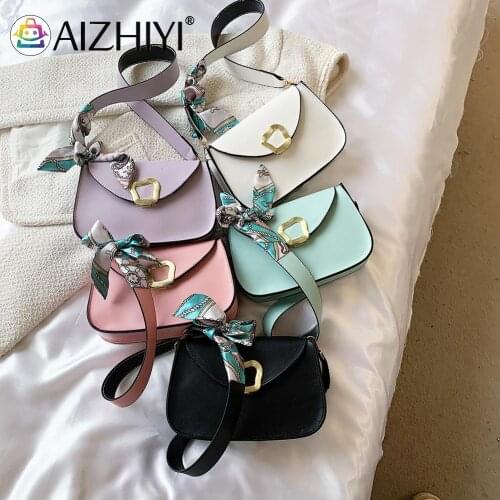 Fashion Women Purse PU Solid Color Silk Scarf Small Flap Shoulder Underarm Bag Simple Casual All-match Handbag for Female