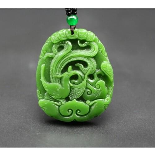 Natural Green Jade Phoenix Pendant Necklace Bead Chinese Hand-Carved Fashion Charm Jewellery Amulet for Men Women Lucky Gifts