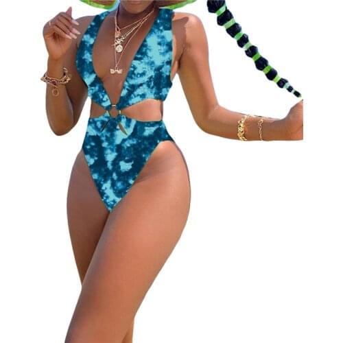 New Swimwear Women Tie-dyed One Piece Backless Hollow Out Bathing Suit Sleeveless Low Cut Bra Ring Connected High Waist Panties