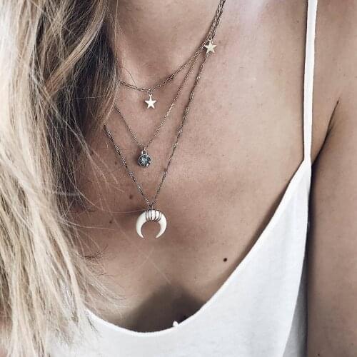 Women New Fashion Necklace Bohemian Girl Multilayer Five-pointed Star Crescent Moon Gold Necklace Selling Jewelry Birthday Gift