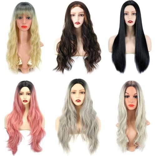 Long Wavy Wig With Bangs Black Grey Ombre Natural Curly Straight Synthetic Heat Resistant Colorful Costume Anime Cosplay Wigs