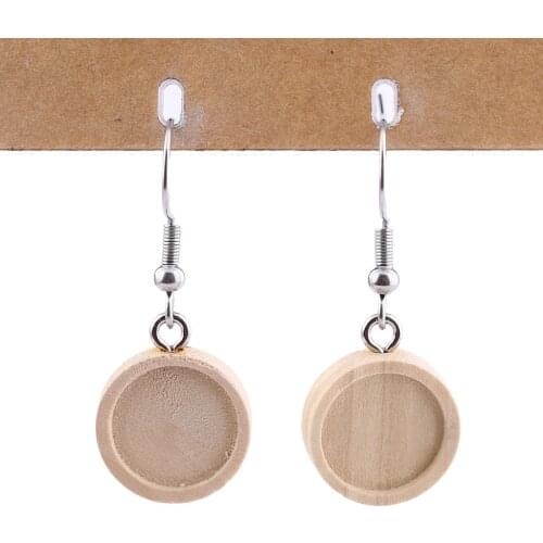 Reidgaller 10pairs blank wood 12mm cabochon earring base settings diy stainless steel earrings hooks findings for jewelry making