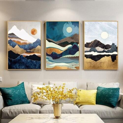 Nordic Abstract Mountain Landscape Golden Sun Wall Art Canvas Painting Art Poster Print Wall Picture for Living Room