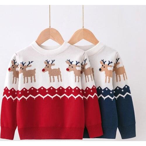 Christmas Deer Boys Girls Sweater Winter Autumn Children Clothing Baby Knitted Knitwear Pullover Kids Cartoon Print Warm Sweater