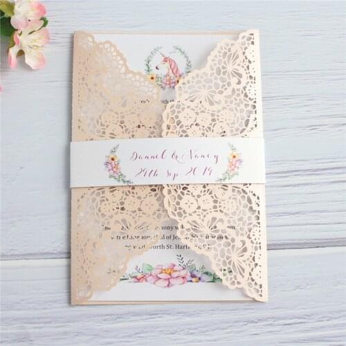 Unicorn party invitation card customized insert card belly band printing floral laser cutting factory supply 50pcs
