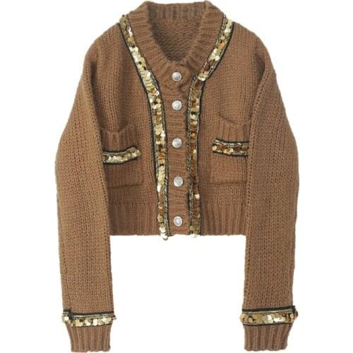 Sequined Pockets Vintage Sweater Jackets Lady Women Pop Art Style Tops Retro Casual Knitted Cardigan Outerwears Thick Jumpers