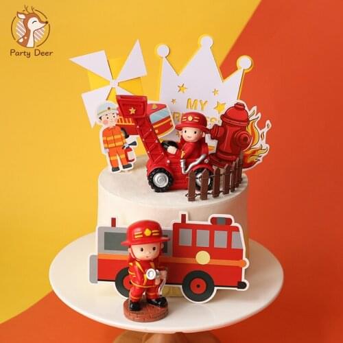 Water Gun Fireman Decoration Happy Birthday Firefighting Cake Topper for Childrens Day Kid Party Supplies Baking Lovely Gifts