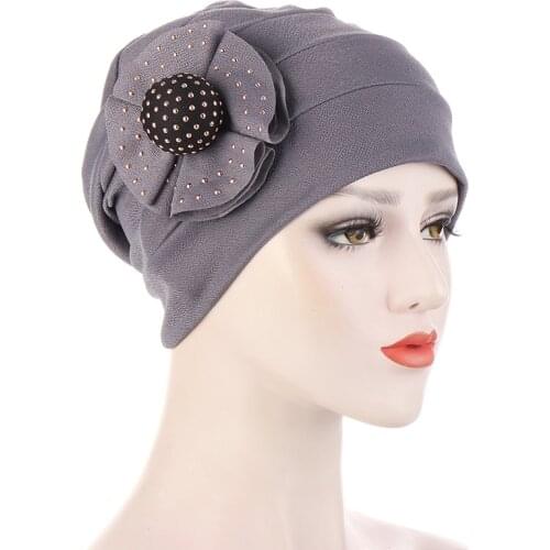 Woman Beautiful rhinestone Flower Turban Elastic Cloth Head Cap Hat Muslim Womens Hijabs Ladies Bandana Muslim Head Cover