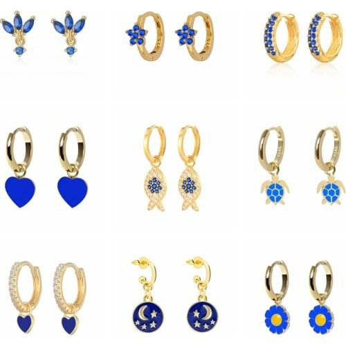 Aide Cz Blue Huggie Earrings For Women Pendientes Plata 925 Ear Bone Piercing Hoop Earrings For Girls Gift Jewelry Accessories