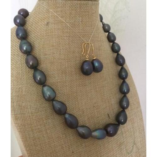 Stunning10-11mm tahitian baroque black blue pearl necklace &earring