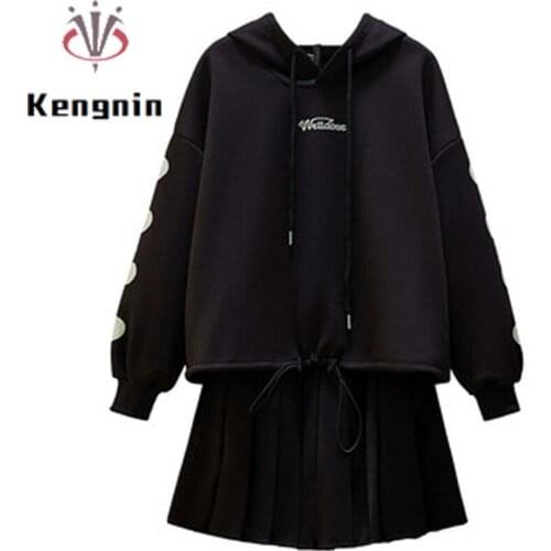 2021 Winter Thick Women Sets Loose Oversized 4XL Hooded Hoodies + Pleated Black Skirts Two Piece Lady Sets Female 2-Set KE1771