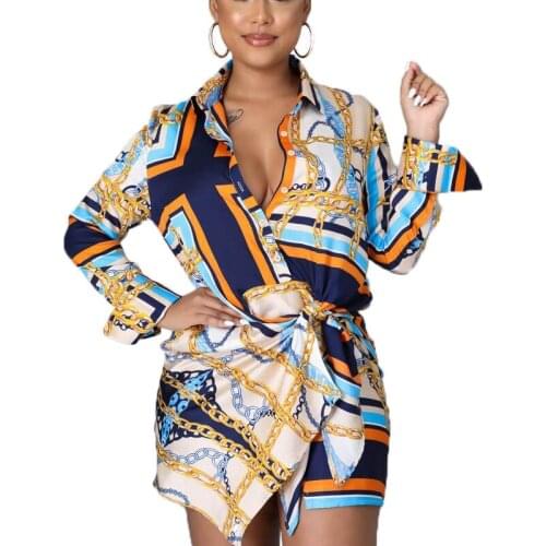 Y2K Short Shirt Dress Women Full Sleeve Cardigan Lace Up Gown 2021 New Fashion Chain Print Elegant Chic Sexy Office Lady Dress