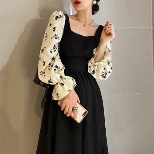 French Elegant Square Neck High Waist Stitching Floral Puff Sleeve Split Dress 20201 Fall Korean New Office Ladies Casual Dress
