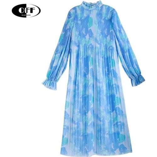 2020 Loose Pleated Women Midi Dress Turtleneck Collar Sweet Print Elegant Holiday Spring Summer Female Long Dresses For Holiday
