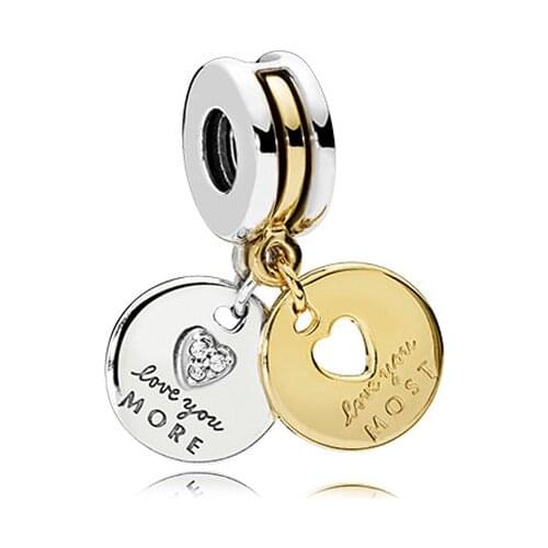 Gold Silver Color Wafer Pendant Fit Original Pandora Charms Bracelet Letter Love You MORE MOST Heart Beads DIY Jewelry for Women