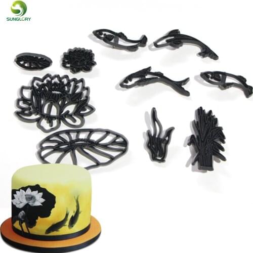 10PCS/SET Lotus Pond Theme Cookie Cutter Plastic Fish Lotus Fondant Biscuit Mold Cutter Sugarcraft Cake Decoration Baking Tools