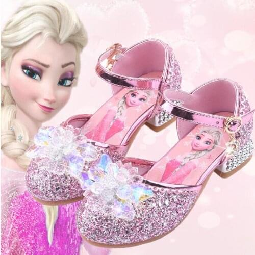 Disney Girls Sandals Children Crystal Shoes Frozen Elsa Princess Party Dress Shoes Fashion Girls Sandals With High Heel Pink