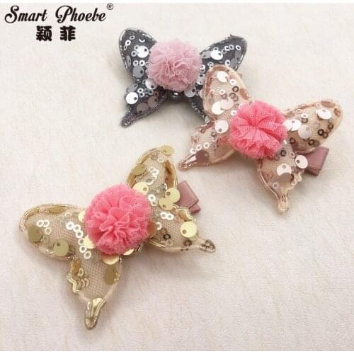 Boutique 15pcs Fashion Glitter Cute Butterfly with Pom Pom Ball Hairpins Kawaii Sequin Animal Hair Clips Headwear Accessories