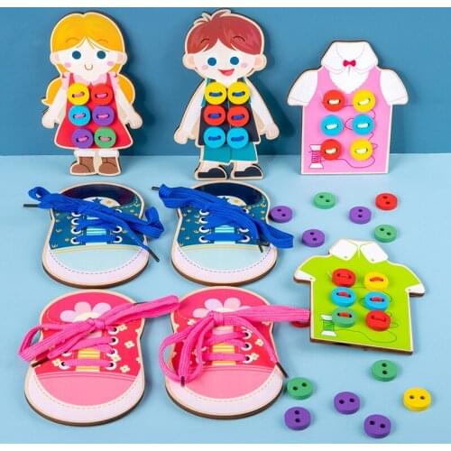Kids Montessori Learn Basic Life Skills Teaching Aids Clothes Threading Button Sewing Board Game Educational Toys for Children