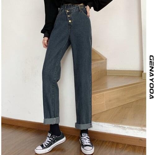 Genayooa Vintage Womens Jeans Denim Causal Botton Korean Style Boyfriend Jeans For Women Drak Blue Jeans Trousers Streetwear