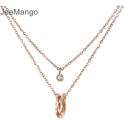 JeeMango Double Layers Stainless Steel Choker Necklace Twist Laps & CZ Crystal Pendant Rose Gold Color Chain Fashion Gift N18282