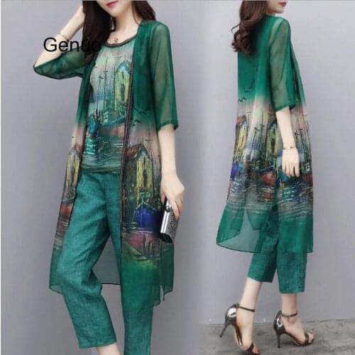 Green Chiffon Printed 3 Piece Sets Women Summer Plus Size Vest+cardigan+cropped Pants Suits Elegant Korean Womens Sets Femme