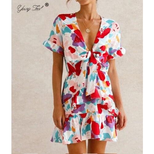 Summer V Neck Print Dress Women Lace Up Front Ruffles Patchwork Colorful Holiday Sundress Female A Line Party Mini Dress 2021