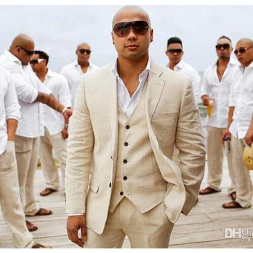 Linen Summer Beach Wedding Groom Custom Made Tuxedo Slim Fit Men Suits Handsome Best Man Blazers 3 Pieces Jacket Pants Vest