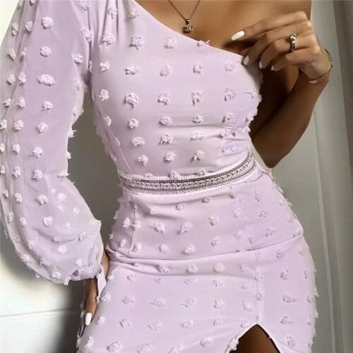 Bodycon mini dress sexy club wear floral embroidered dress korean asymmetrical dress woman one shoulder dress long sleeve 2020