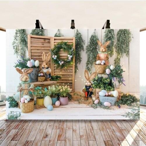 Easter Backdrops For Photography Spring Flowers Rabbit Eggs Bucket Gray Floor Baby Party Photozone Photo Background Photo Studio