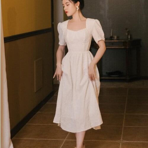 French Women Puff Short Sleeve Square Neck Jacquard Pearl Slim Waist Vintage Clothes Cottage Style White Fairy Princess Dress