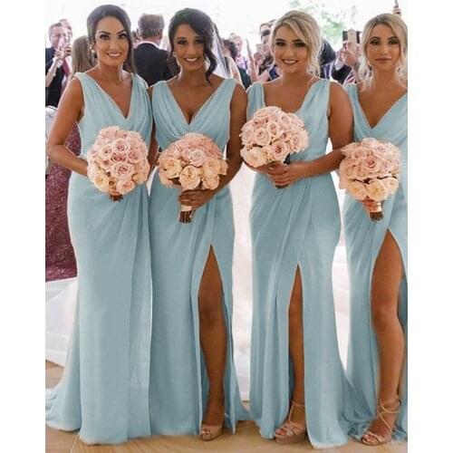 Sexy High Slit Mermaid V Neck Bridesmaid Dress Sky Blue Chiffon Plus Size Sweep Train Wedding Party Dress Pleats Ruching