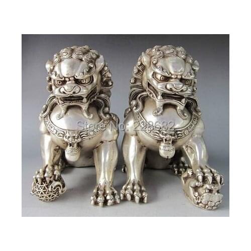Decorations for home+ 1 Pair Chinese FengShui Tibet Silver Lion /Foo Fu Dog Statue High:15CM /item
