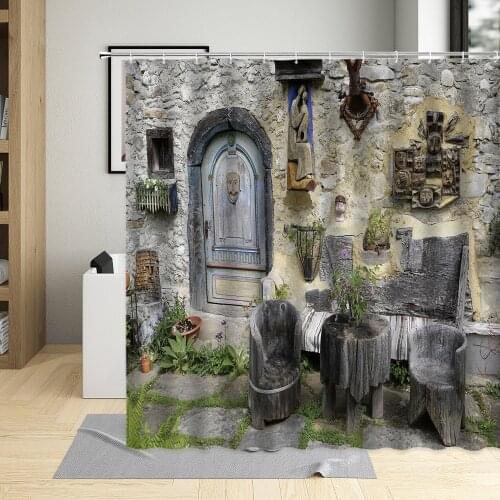 Vintage Design Wooden Door Print Bathroom Decor Europe City Street Style Shower Curtain Waterproof Fabric Bathtub Curtains