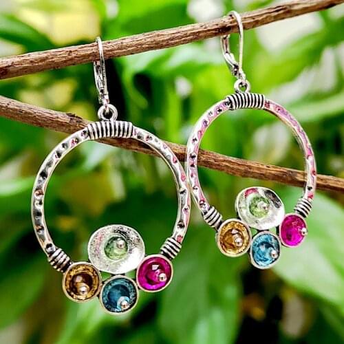 Vintage Antique Silver Earrings For Women Charm Pendant Bohemian Brincos Punk Colorful Beaded Hollow Round Drop Earings Jewelry