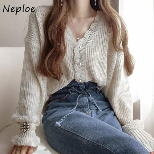 Neploe Vintage Chic Pearl Button Knitted Cardigans 2021 V-neck Hollow Out Sweater Women Autumn New Solid Color Simple Jacket