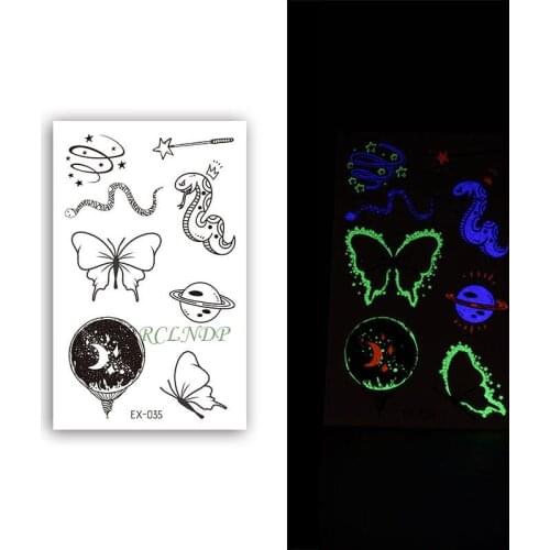 Waterproof Temporary Luminous Tattoo Sticker Snake Butterfly Planet Moon Star Tattos Flash Tatoo Fake Tatto for Kids Women Men