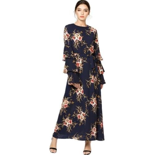 Womens Muslim Dubai Loose Caftan Flower Abaya Arab Fashion Dress Arabic Turkish Kaftan Female Plus Size Clothing