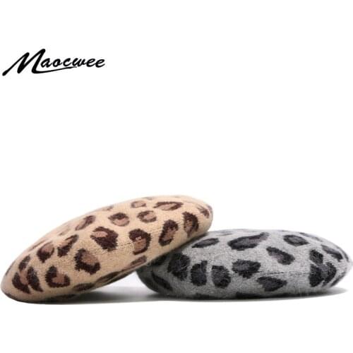 Womens winter wool warm knitted beret casual hat female fashion leopard print beret artist flat cap