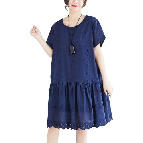Oversize women summer short sleeve dress loose hollow cozy cotton dress plus size 5xl double layer dresses 140kg can wear G914