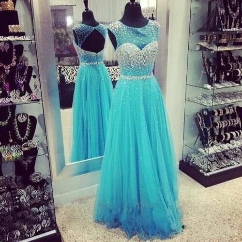 Elegant A-Line Long Beaded Prom Dresses with Pockets Floor Length Tulle O-Neck Abendkleid Robes de Soirée for Women
