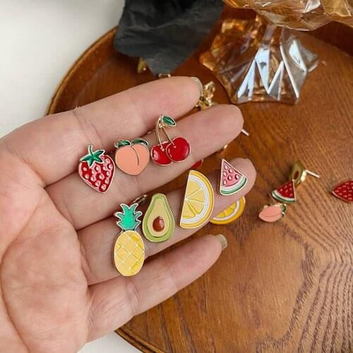 2021 New Fruit Alloy Stud Earrings Lemon Watermelon Strawberry Cute Earrings Summer Holiday Jewelry Birthday Gift