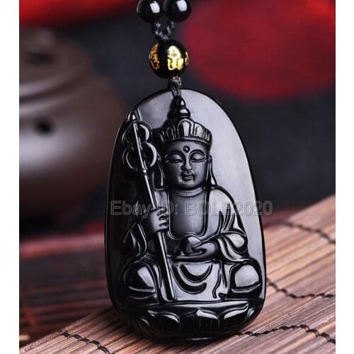 Free shipping Natural Black Obsidian Hand Carved XuanZang Buddha Amulet Pendant Beads Necklace