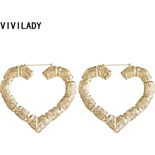 VIVILADY Big Large Bamboo Heart Hoop Earrings Women Gold Silver Color Basketball Wives Statement Brincos Boho Jewelry Party Gift